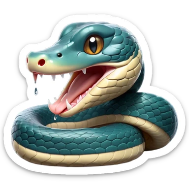 Cinematic Cute Yawning Chinese Water Snake Portrait Emoji, Head tilted slightly with a dramatic, wide-open yawn, showcasing a soft, glossy scaled body with gently drooping edges and half-closed, drowsy eyes, Simplified yet irresistibly adorable features, highly detailed, glowing with a soft, cozy aquatic glow, high shine, relaxed yet expressive, stylized with a dash of waterborn charm, soft glowing outline, capturing the essence of a sleepy yet affectionate water snake that seems ready to stretch out and rest in its watery domain! sticker