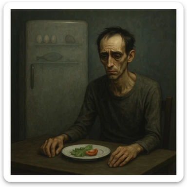 cinematic, symbolic realism; thin, weary man alone at a bare kitchen table, plate with lettuce and tomato slice, frustrated and low-energy expression, sunken eyes, cold empty background, closed fridge with eggs, avocado, fish inside, muted palette sticker