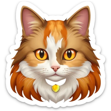 A Cat her race is persante he hair is grew and Brown and white with they eyes orange and Yellow and sticker