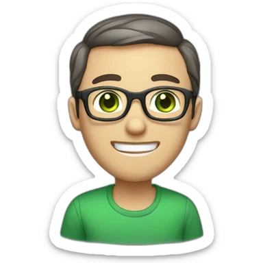 Chatty man, short hair, small thin glasses, green eyes, with dark sweet, geeky sticker