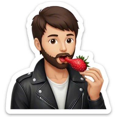 dressed with a black leather jacket, a brunette guy with a beard and toupee licking a strawberry sticker