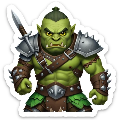 Cinematic Realistic WoW Orc Warrior Portrait, captured in a dynamic, battle-ready stance, muscles bulging beneath intricately detailed tribal armor accented with dark leather and iron. His fierce, determined eyes and battle-scarred green skin are rendered with dramatic natural lighting and high shine, exuding raw, relentless fury in a fierce combat pose. sticker