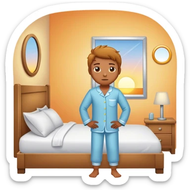 A person stands beside their bed, with determination. The bed behind them is neatly made, a mirror in front of them . A glowing sunrise outside signals the start of a productive day. sticker