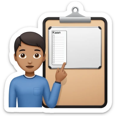 Minimalistic flat vector icon, iOS style, thin black contour on white background. Person silhouette with a project board (kanban/task board) behind. No text, no shadows.
 sticker
