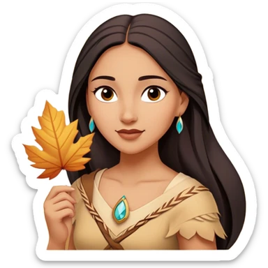 Cinematic Playful Pocahontas Portrait Emoji, Tilting her head with a knowing smirk, holding a delicate autumn leaf, eyes glimmering with adventure, an enchanting blend of confidence and charm, absolutely captivating! sticker