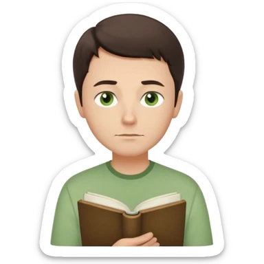 Thoughtful gentle man, fair skin, short dark brown hair, calm green eyes, simple light green shirt, waist-up front-facing, holding a closed book, serene expression, minimal background, soft lighting. sticker