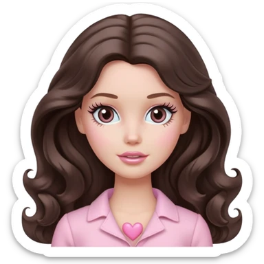 A white Barbie girl with long dark brown wavy hair in pale pink clothes has pale pink hearts instead of eyes, ogle sticker