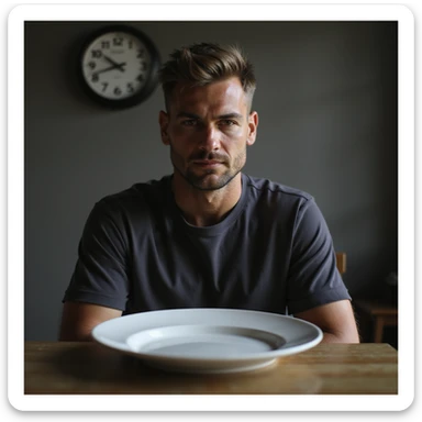 Hyperrealistic 4K image of a man sitting at a table with an empty plate in front, clock showing 23 hours, serene and focused expression, Zen atmosphere, minimalist environment, detailed facial features reference. sticker