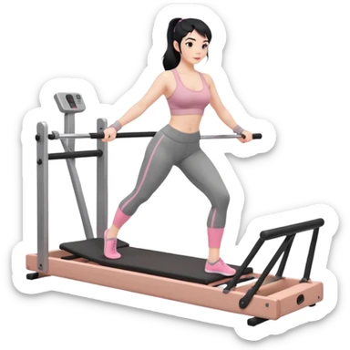 Create a Pilates emoji: a girl with fair skin and black hair, wearing a grey bra and grey leggings with pink pilates socks, exercising on a wooden reformer and not looking at the camera. Make the colors neutrals. sticker
