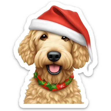 Golden Labrodoodle with a christmas themed bandana and a santa hat on sticker