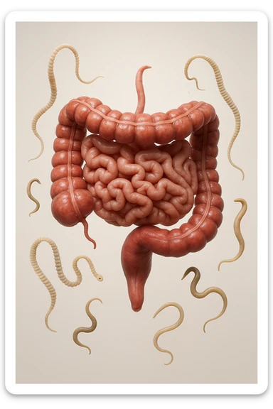 INTESTINO UMANO ANATOMICO REALISTICO FLUTTUA IN ARIA INSIEME A PARASSITI COME LA TENIA, SFONDO CHIARO, iperrealistico 4k sticker