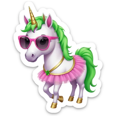 friendly anthropomorphised female unicorn with horse-like face, in tutu and pink t-shirt, wearing dark sunglasses, holding a shamrock or wearing a green accessory for St. Patrick's Day sticker
