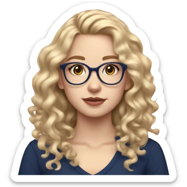 Blonde teen girl with long curly hair and clear glasses and pale skin and pink hued lips and navy blue shirt sticker