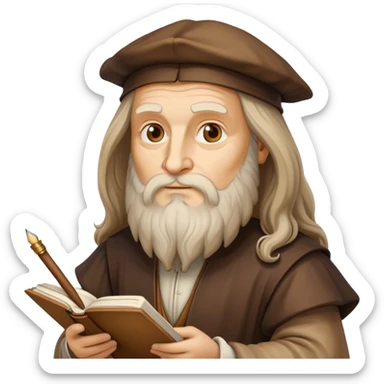 cinematic-realistic-leonardo-da-vinci-portrait-emoji,-depicted-as-the-quintessential-renaissance-polymath-with-deep,-thoughtful-eyes,-a-flowing-beard,-and-a-quill-or-sketchbook-in-hand.-the-scene-is-illuminated-with-warm,-classical-light sticker
