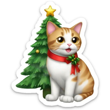 cat with christmas tree and ribbo sticker