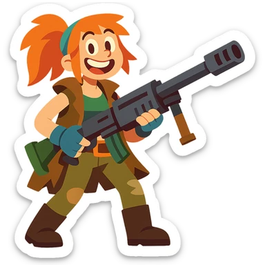 funny, positive stalker girl with a huge machine gun, smiling and energetic sticker