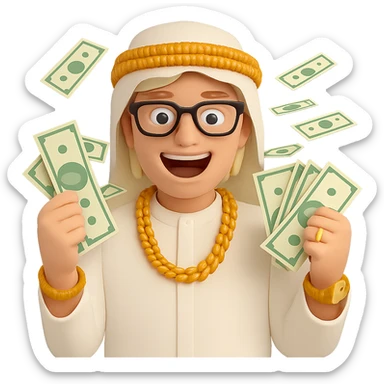 Edit the blond-haired guy with mid-length hair, black glasses, surrounded by dollar bills, wearing gold jewelry in Dubai style. Make him look excited with no background. sticker