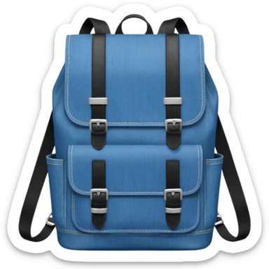 An emoji-style blue denim backpack with a flap top. Two short black buckle straps are attached only at the top flap, not extending to the bottom. The front is clean with no pockets or extended straps. The backpack has two side pockets. 


 sticker