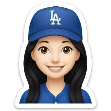 Can you make an emoji of a girl with fair skin with black long hair wearing an LA dodger hat. Only include her face no neck.  sticker