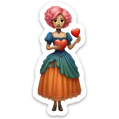 a green woman in Victorian orange and blue dress, pink hair,holdig, red big hearth, full body sticker