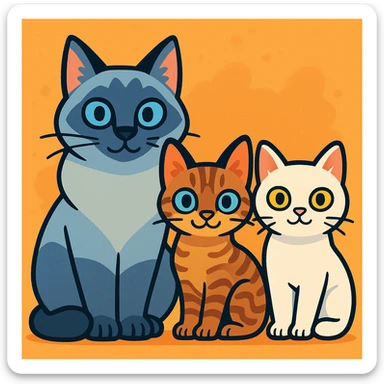 group of three cats in a row, cartoon style: leftmost is a big blue point Birman male with blue eyes, middle is a small brown tabby Devon Rex female with pale blue eyes, rightmost is a small white British Shorthair female with yellow eyes, all facing forward sticker