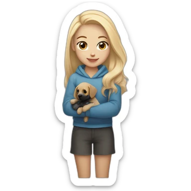 A blonde girl with smooth hair and a ray in the middle of his hair, she has light skin a few freckles, and she wear a hoodies and she Carries in his arms a baby black labrador dog  sticker