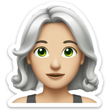 White woman with green eyes and shoulder length bows and gray hair sticker