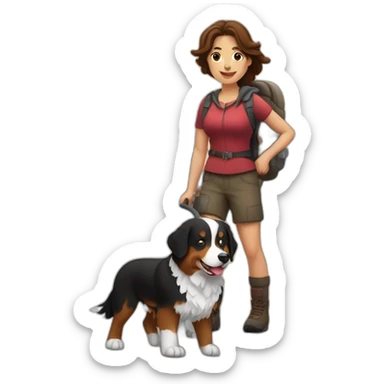 a viking bernese mountain dog hiking with a woman with brown hair with a reindeer sticker