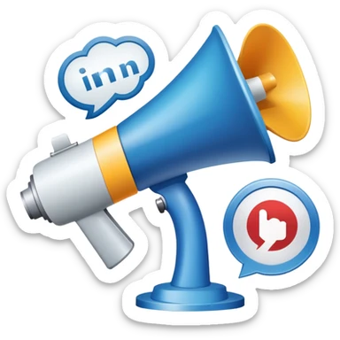 An icon featuring a megaphone, a press release, and a social media icon, symbolizing advertising and public relations. The design includes a billboard and communication network lines, representing brand promotion and media outreach. Transparent background highlights the power of communication. sticker