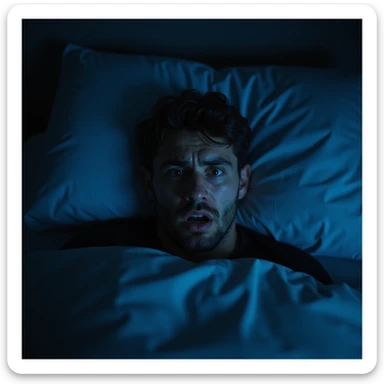 man suddenly waking up in the middle of the night, worried and anxious face, dark room with blue light, realistic hyperrealistic details, 4K quality sticker