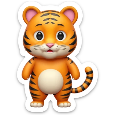 Cute tiger emoji, full body, standing pose, smiling face, big round eyes, orange fur with black stripes, chubby and adorable, short legs, small ears, 3D emoji style, smooth shading, bright colors, simple clean design, transparent background sticker