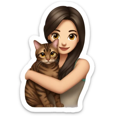 Beautiful woman long dark brown hair hug bengal cat sticker