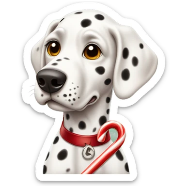 A Dalmatian with brown spots holds a caramel Christmas candy cane in his teeth sticker