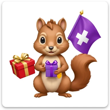 realistic squirrel holding a purple gift box in one hand and a red Swiss flag in the other, both objects clearly visible, simple white background, the gift is a different color from the flag sticker