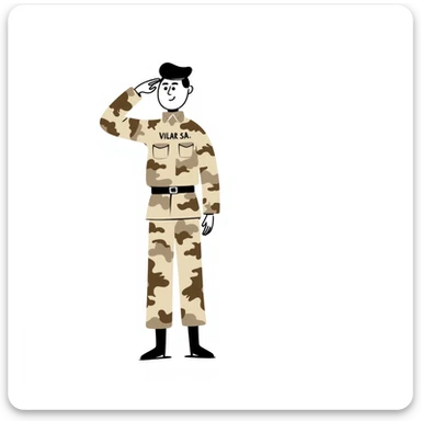 soldadito con uniforme camuflado en tonos beige, marrón y crema, con la inscripción 'Vilar S.A.' en el pecho, haciendo saludo militar, estilo dibujo a mano alzada sticker