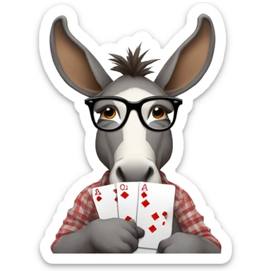 Donkey wearing full sleeves check shirt and playing cards (game) and wearing specs  sticker