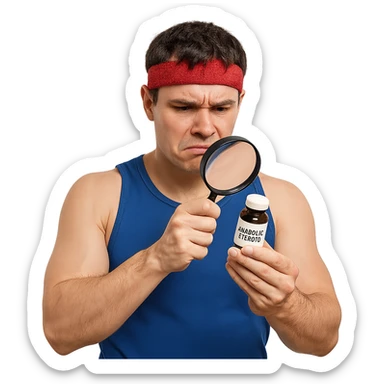 inexperienced athlete reading composition of anabolic steroid bottle with magnifying glass, growing muscles, puzzled expression, sportswear, isolated on white background sticker