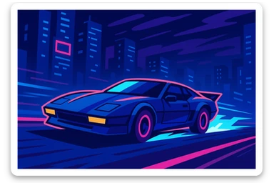 a futuristic car speeding lightning fast on a city road, neon lights, sci-fi atmosphere, blue and purple shades sticker