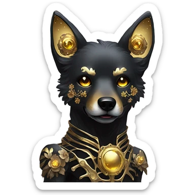 Black iridescent dog fox face head zombie skeleton gold mechanical nebula galaxy stars flowers fairy lights vintage sticker