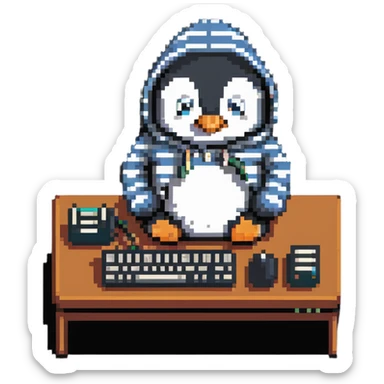 A retro-style penguin with a striped hoodie typing on an old-school computer keyboard sticker