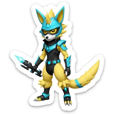 Shiny badass cool edgy spikey fluffy realistic cyan yellow white electric complex futuristic Zeraora-Renamon-Electrike-Umbreon-Lombax-Weregarurumon-fusion-creature (full body) wearing a black cyberpunk-helmet-mask sticker