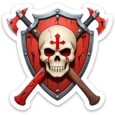 Dark horror shield badge, skull, blood stains, crossed bloody dagger and axe, gothic style, no background sticker