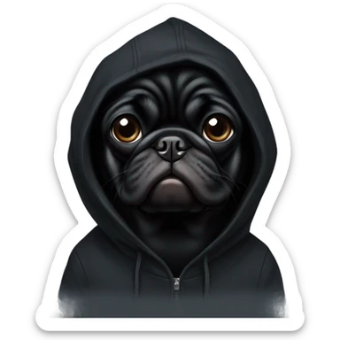 Black pug wearing a black hoodie sticker