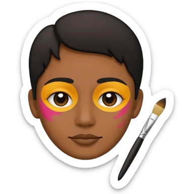 The emoji should represent transforming a photo into art. Center: a simple silhouette of a face or portrait. Around the face: small artistic brush strokes or palette dots to symbolize painting. Style: flat emoji style, highly recognizable at small size sticker