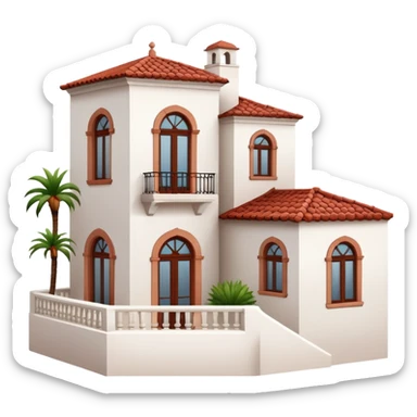 White stucco Spanish villa with red clay tile roof, arched windows, and small balcony sticker