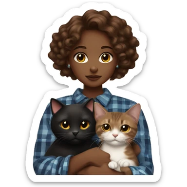 a brown skin girl with curly brown hair and cat eyes, holding a black cat that has a plaid collar sticker
