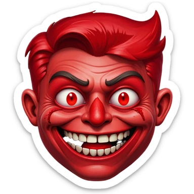 Rick Astley as red evil trollface killer with blood, injuries, organs, remains, bruises and scratches on the left side of the trollface and the background is black and red and the trollface is smiling sticker