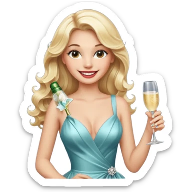 Glamorous blonde lady holding champagne bottle, long hair with makeup smiling  sticker