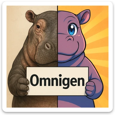 a hippo holding sign of omnigen, half picture hippo is realistic another hald is the anime of that same hippo sticker