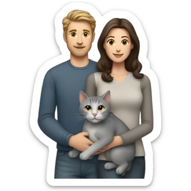 white man and brunette woman with a big gray cat in their arms sticker